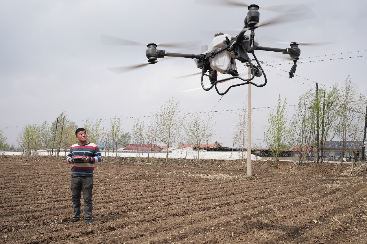  Han Chunming showed the drone operation of plant protection to reporters. Photographed by Cheng Yuran
