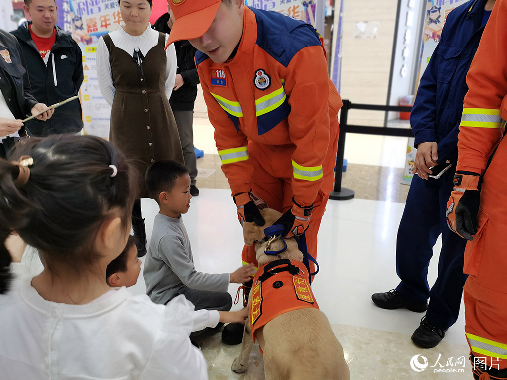 11月9日，吉林消防粉丝嘉年华活动为长春市民精心打造了一系列精彩纷呈、寓教于乐的体验活动。图为小朋友和搜救犬进行互动。人民网记者 王帝元摄