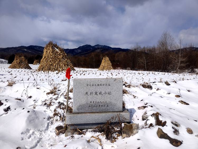 灰狗窝战迹地遗址村民在文物保护标志牌附近自发树立红旗。