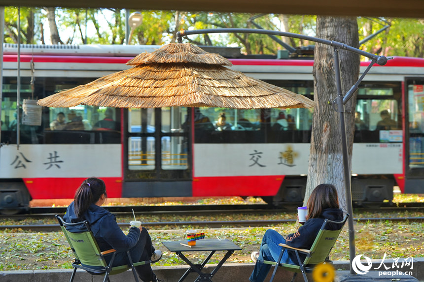 游客在54路沿線的電車主題咖啡館品咖啡、賞秋色。人民網記者 李洋攝