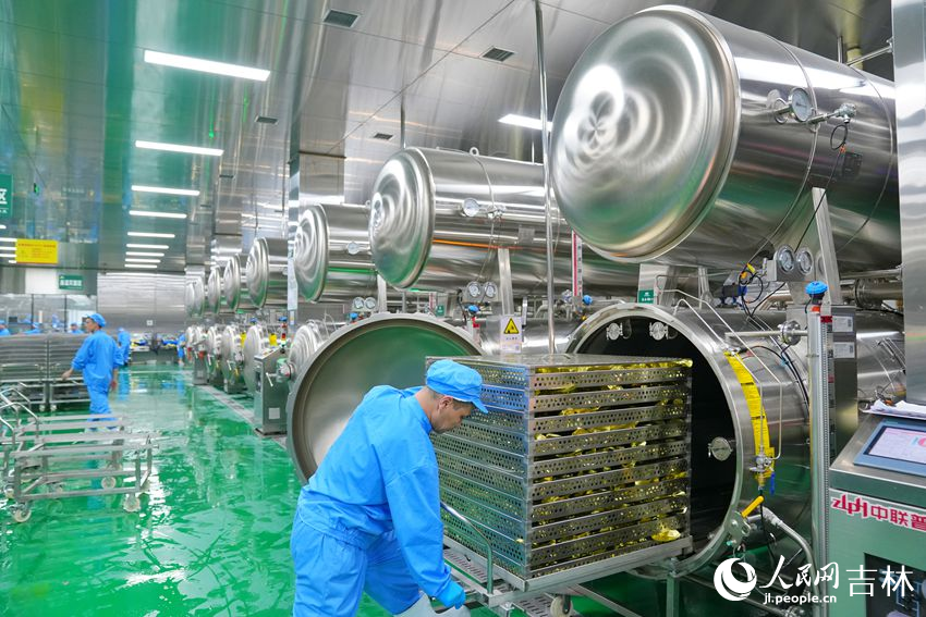 工作人员将包装好的玉米放入高温灭菌设备中。人民网记者 李洋摄