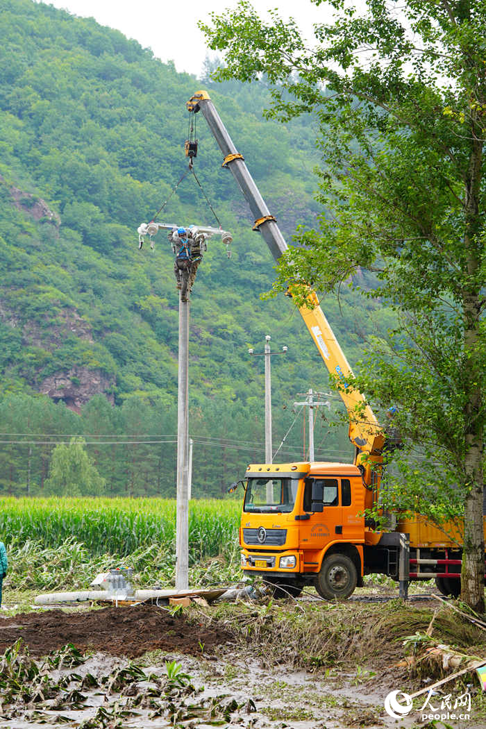 7月30日，电力抢修队在汪清县受灾区域抢修受损线路。人民网记者 李洋摄